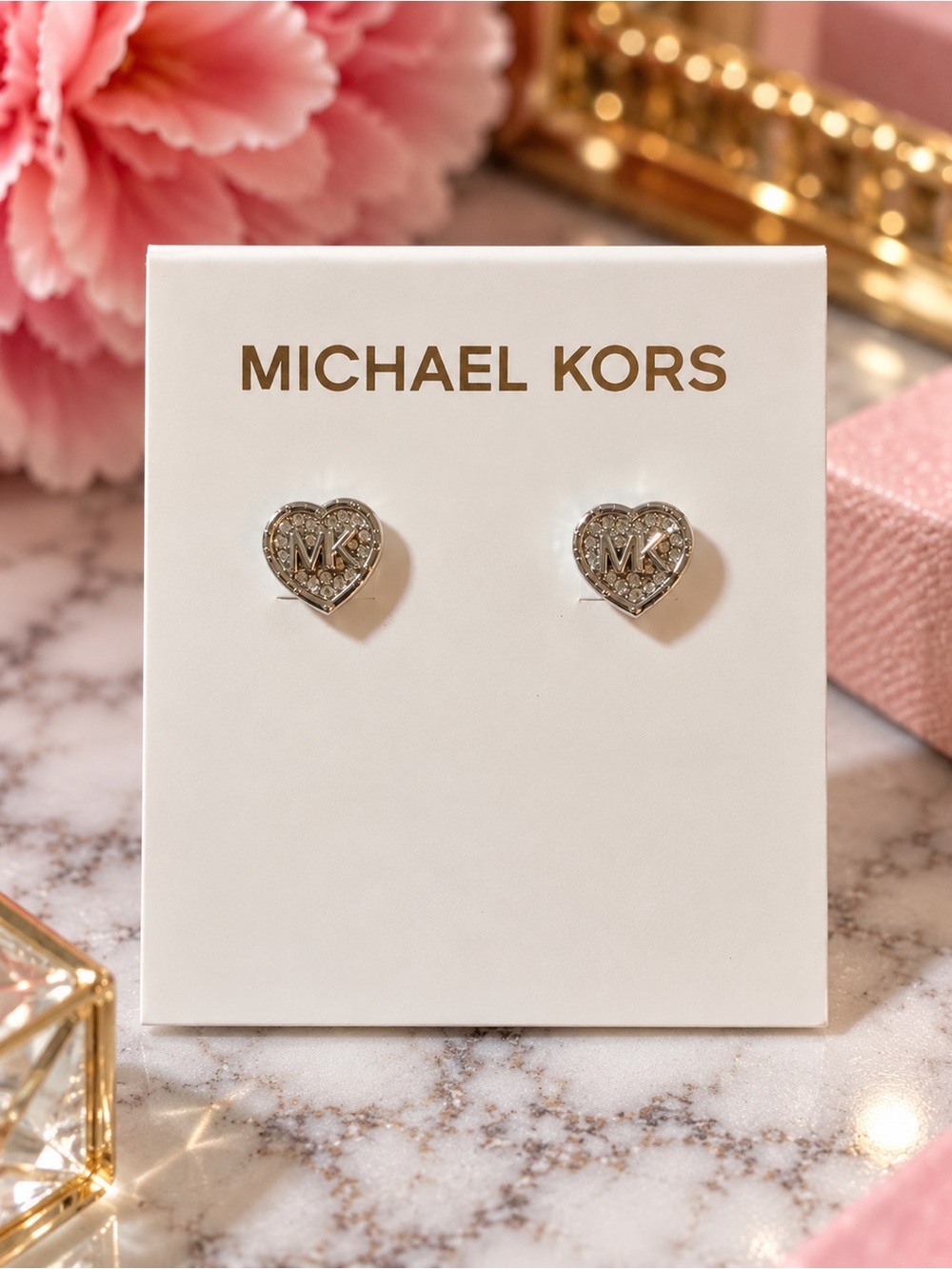 Michael Kors Silver Tone Pave Crystal MK Logo Heart Stud Earrings NWT